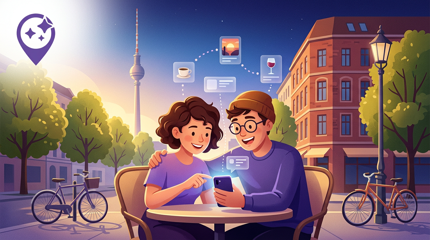 Illustration of a couple at a Berlin cafe table in golden evening light, smiling at a phone that shows Placetory Flow building an outing: floating cards for coffee, a sunset viewpoint, and a wine bar linked by a dotted route, with the Fernsehturm TV tower, bikes, and a street lamp behind them.